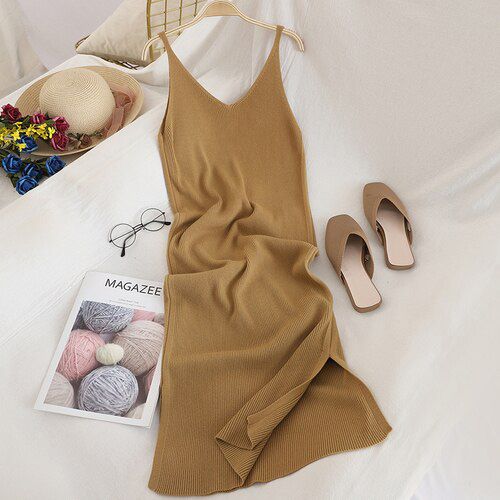 V Neck Solid Knitted Dresses Casual All Match Simple Fashion Korean Women Dress Elegant Vestidos New Clothes 15517