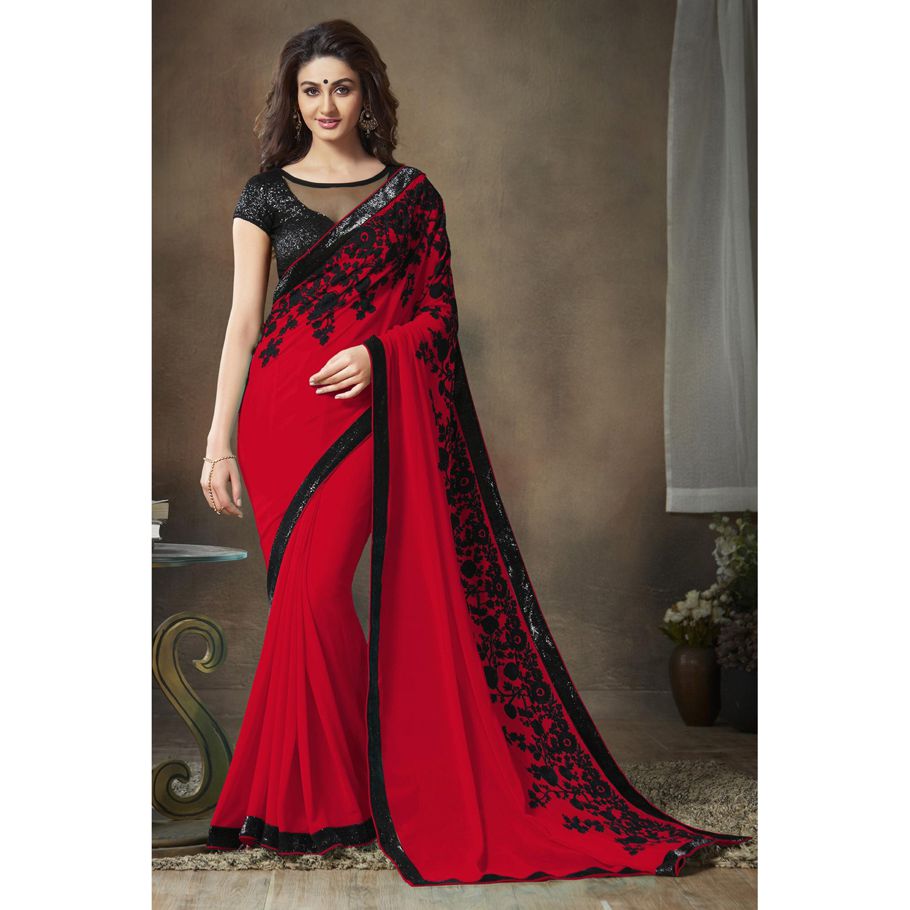 Indian Weightless Georgette Saree Red Color High Quality Embroidery Work On Blouse