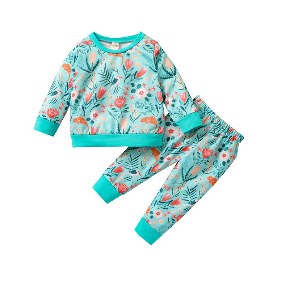 Girls Casual Two-piece Clothes Set, Leaves and Flower Printed Pattern Pullover and Pants