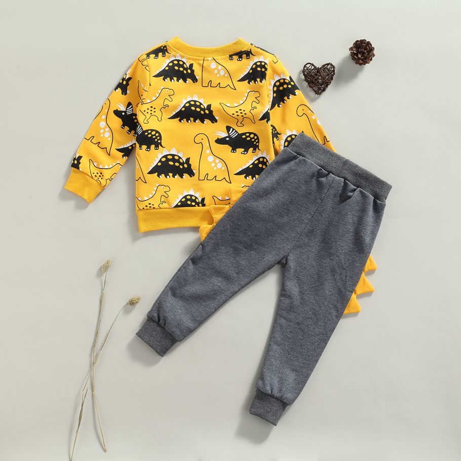 2Pcs Little Boys Outfit, Toddlers Leisure Style Cartoon Dinosaur Printing Long Sleeve Round Collar Tops + Long Pants Set