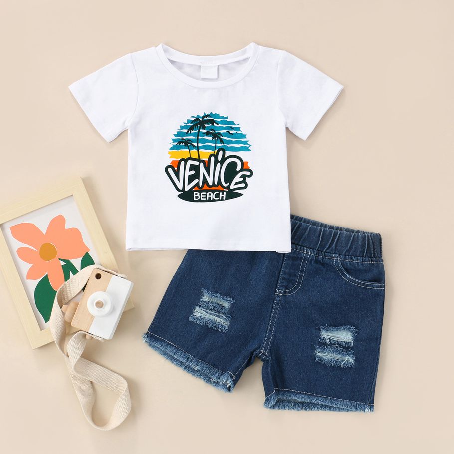 Toddler Boys 2 Pcs Outfits Suits, Letter Pattern Print Short Sleeve T-shirts with Ripped Denim Short Pants