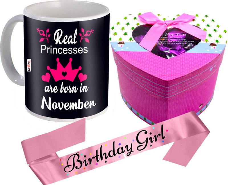 Midiron Birthday Gifts| November Princesses Printed Mug | Chocolate Box | Birthday Girl Sash Ceramic, Cotton Gift Box  (Multicolor)