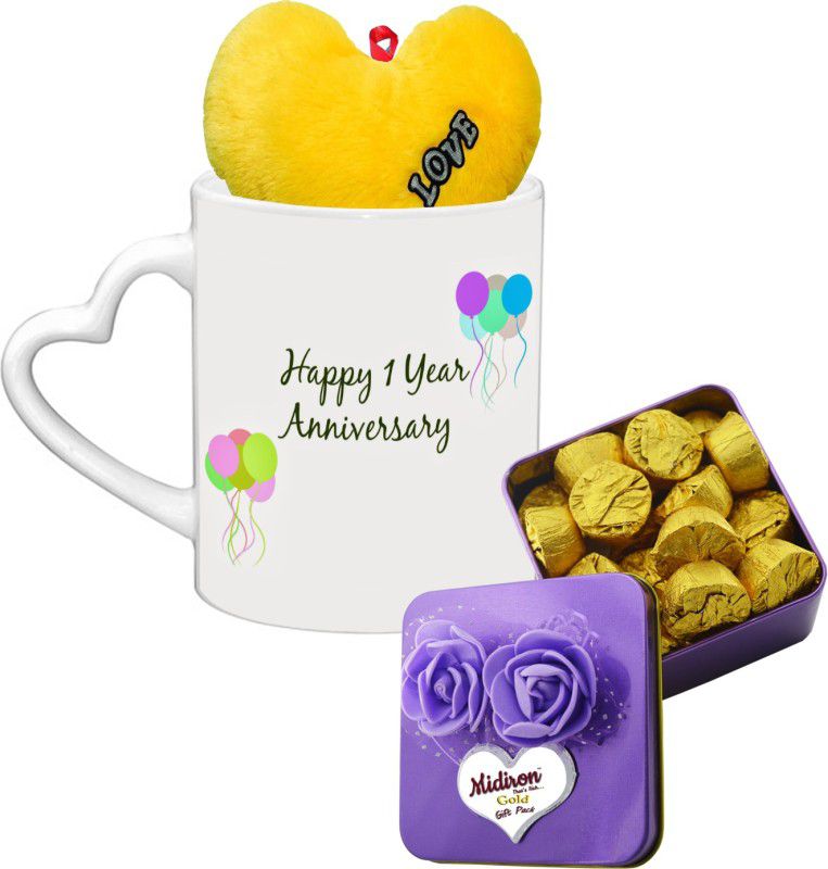 Midiron Lovely Anniversary Gifts, 15 Dark Chocolate Bar in Tin Box with Printed Ceramic Mug and Soft Yellow Heart , Anniversary Gifts for Your Special One's IZ19Choco15Tinbox3PurHeartMUHY-NJPAnniversary-66 Ceramic Gift Box  (Multicolor)