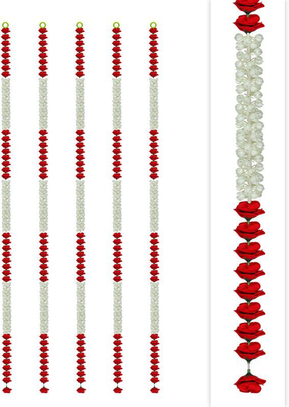 Craftox Décor Artificial Jasmine (Mogra) with Rose Flower Garland, Color Red (CN-81301-5) Plastic Garland  (Red)