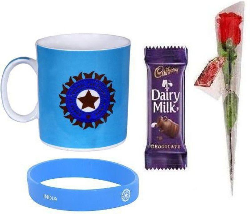 Indigo Creatives Valentine Day Love Gift Box with India Cricket Team Official ICC Coffee Mug & Hand Band + red Rose + cadburys Chocolate - 10012 Ceramic Gift Box  (Multicolor)
