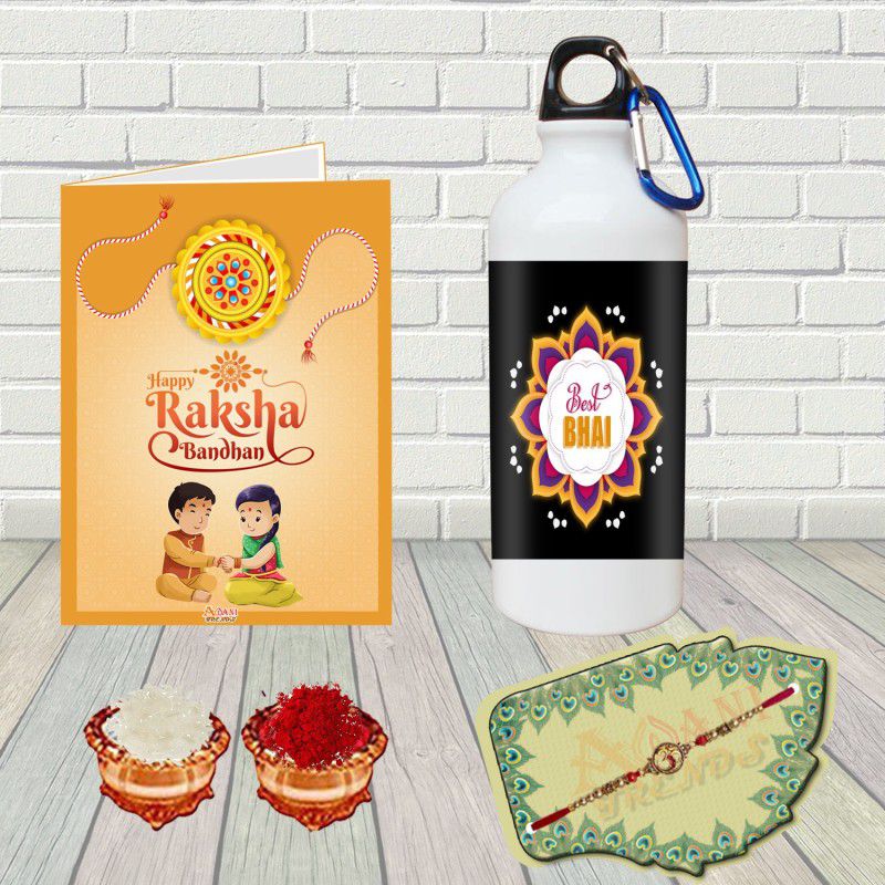 AWANI TRENDS Rakhi  (1 Sipper Bottle, 1 Designer rakhi, 1 Greeting Card, roli Chawal set)