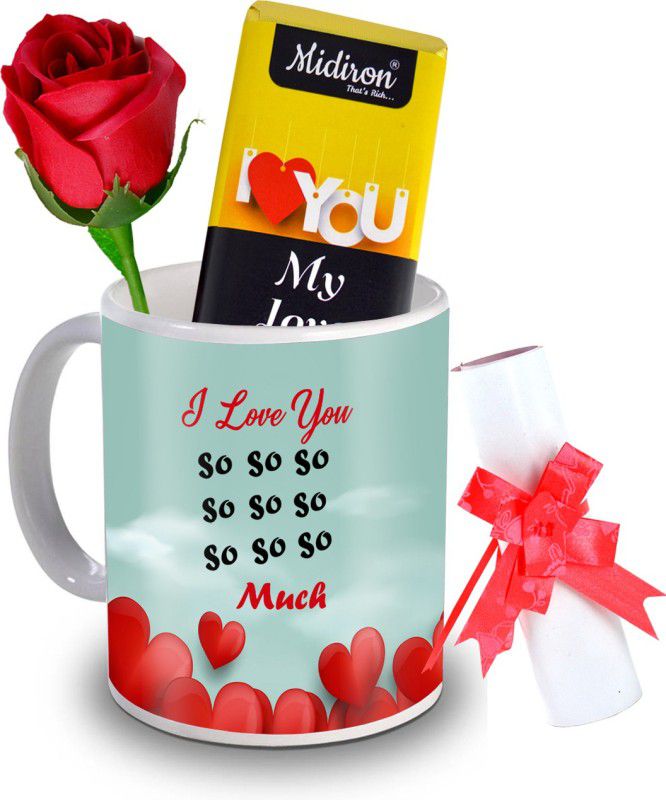 Midiron I Love You My Love chocolate bar with love letter and Artificial Rose, Love quoted Coffee Mug, Gift for Valentine Day, Birthday, Anniversary for Wife, Girlfriend, Fiance IZ20DTLoveBar6RoseLC-198 Ceramic Gift Box  (Multicolor)