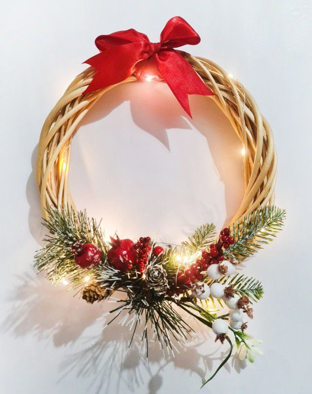 crystal bloom Christmas Wreath on Wood with LED String Light | Christmas Wreath for front door | Wreath for Christmas 25cm (Pack 1) Hanging Ornaments Pack of 1
