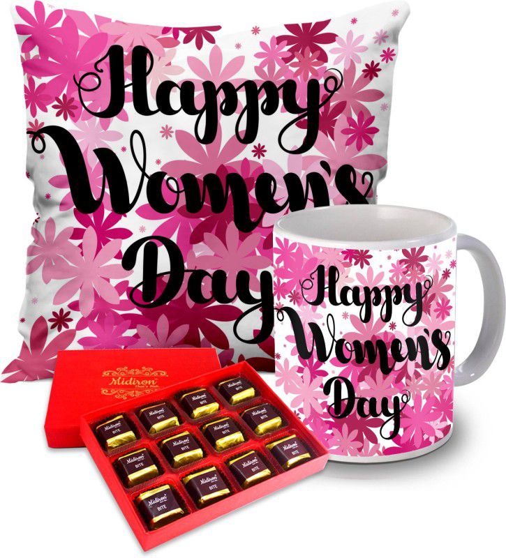 Midiron Women’s Day Gift Pack, Luxury Milk Chocolate with Printed Mug & Cushion for Sister, Mother, Wife, Friends IZ20ST-07 Ceramic Gift Box  (Multicolor)