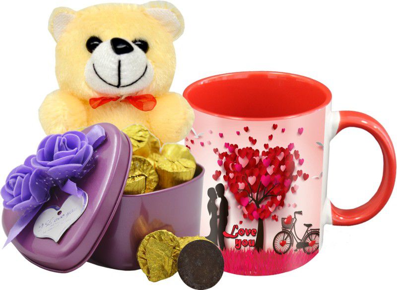 Midiron Special Gifts Pack That's Comes with Dark Chocolate Bar with Printed Ceramic Mug & Cream Teddy for Valentine's day, Birthday Anniversary and any special occasion IZ19Choco15TinBox4PurMUrTCr-DTLove-41 Ceramic, Silk Gift Box  (Multicolor)
