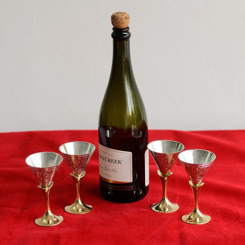 eCraftIndia German Silver Wine Glass Set with Velvet Box Brass Decorative Platter  (Multicolor, Pack of 4)