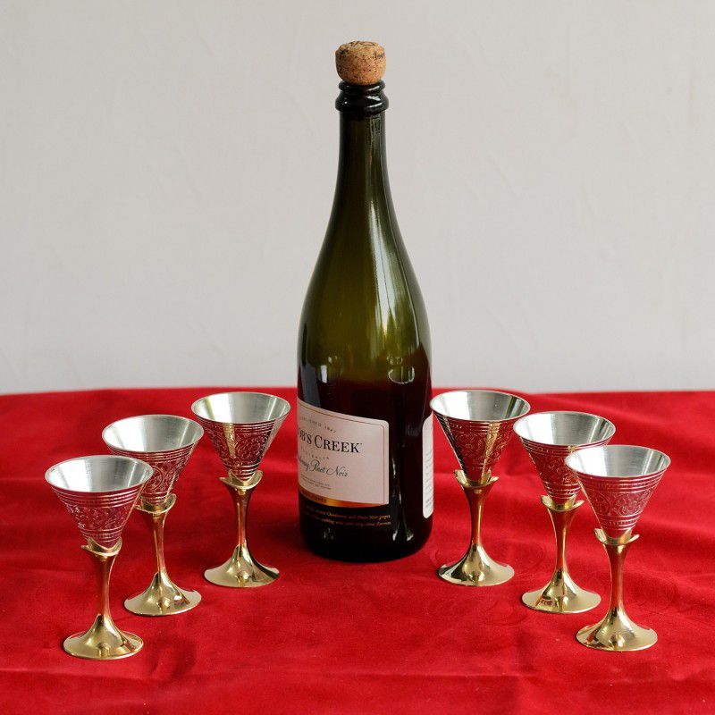 eCraftIndia German Silver Wine Glass Set with Velvet Box Brass Decorative Platter  (Multicolor, Pack of 6)