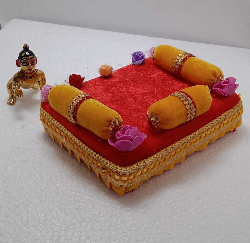 Kanha Laddu Gopal HEAVY WOODEN SUPER SOFT VELVET BED Cum Singhasan Cum Chowki With Cushions {Keep Our Laddu WARM And Sleep} Size Large (5 to 6) Handmade Premium Quality Jhula