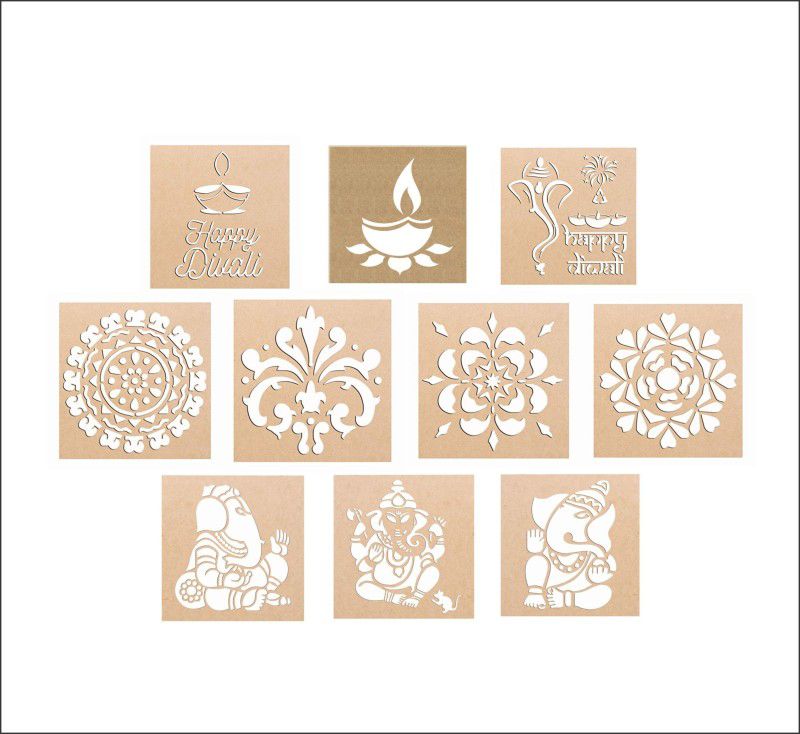 DÉCOR KAFE Wood Floral Rangoli Making Stencil (Combo Pack Of 10) _ RS45 Rangoli Stencil