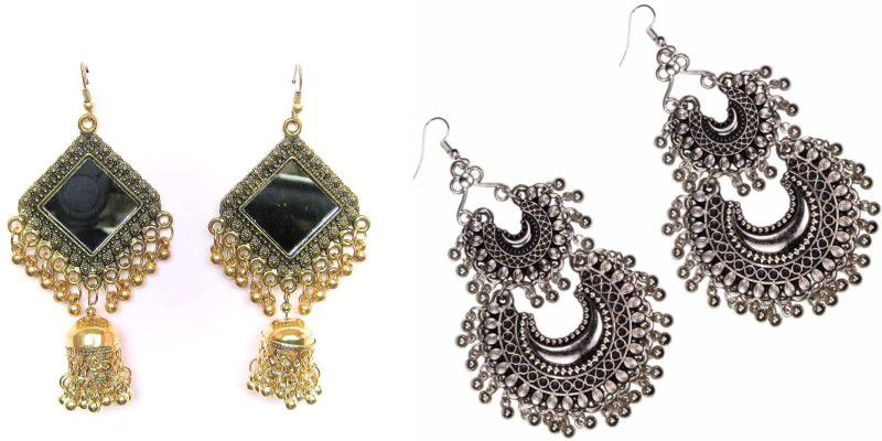 Vembley Vembley Pack of 2 Double Layer Afghani Silver Alloy Chandbali and Square Mirror Golden Plated With Beads Jhumki Earring For Women and Girls Brass Jhumki Earring ()