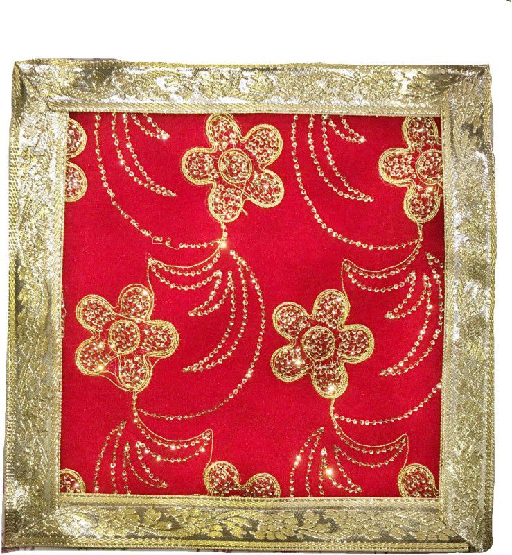 ZOKY TRADING (30 x 30 CM) Swastik Design Velvet Red Puja Cloth / Pooja Aasan Kapda / Embroidered Puja Chowki Cloth for Home Mandir, Temple, God Asan and Various Puja Rituals Altar Cloth