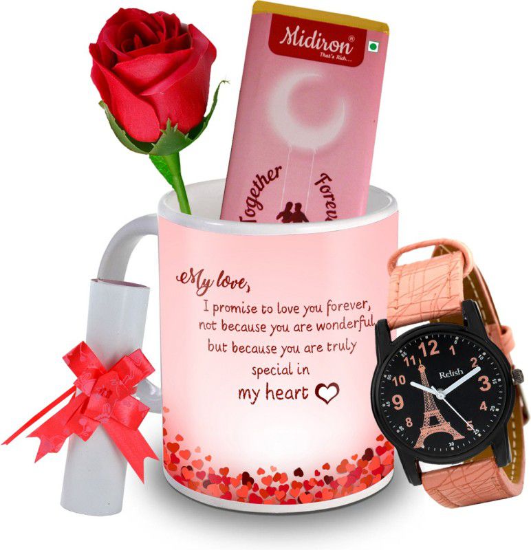 Midiron Together Forever Chocolate Bar with Artificial Rose, and Beautiful Watch, Love Letter, Coffee Mug, Gift for Valentine Day, Birthday, and Anniversary for Wife, Girlfriend, Fiance IZ20DTLoveBar8RoseLCWatF1MU-185 Ceramic Gift Box  (Multicolor)