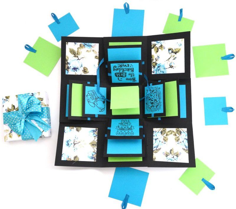 Crack of Dawn Crafts Happy Birthday Explosive Box - Blue Floral Greeting Card  (Green,Blue, Pack of 1)