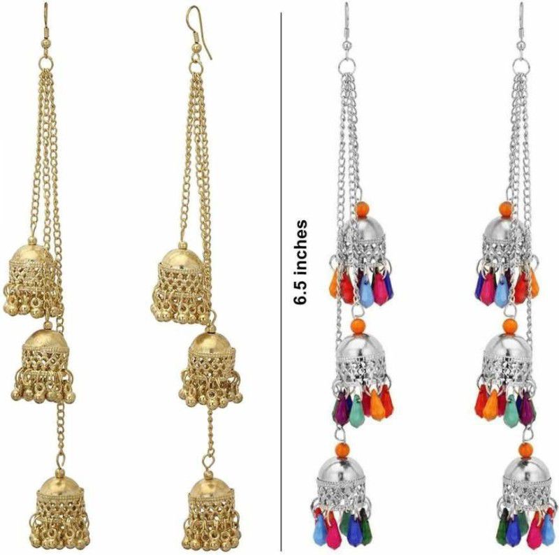 Vembley Pack of 2 Stylish Kashmiri Golden and Silver Multicolor Ghungroo Three Layered Jhumki Earring For Women and Girls Brass Jhumki Earring ()