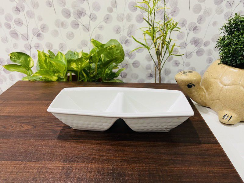 HEART STEALER Porcelain Dip Sauce or Chutney Bowl or Tray or Platters of 2Compartment Sushi Wasabi Plates with Soy Sauce Dipping Bowls of 100ml Each Porcelain Decorative Platter  (White)