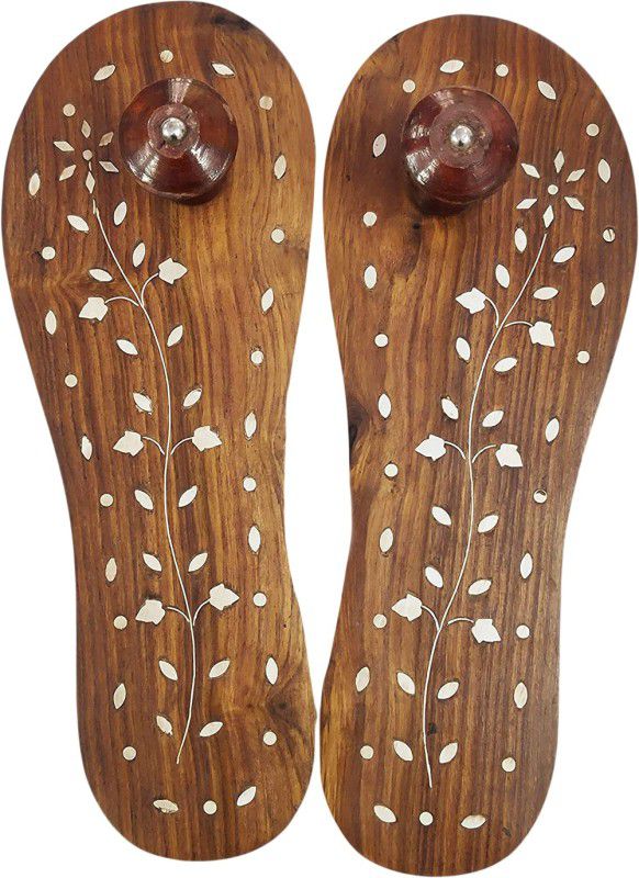 National Handicraft Wooden Slippers, Khadau, Unique Curved, Brass Design Religious Footprint Religious Footprint  (Wooden)