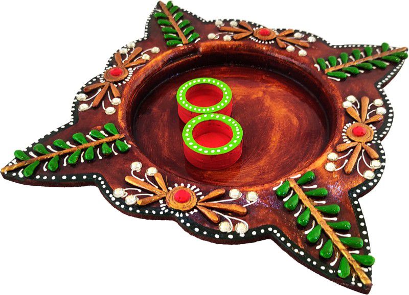 KrafterrA Hand Painted Floral Pooja Thali for Pooja/Aarti for Festivals & Home Decoration Diameter : 30 cm (Round) Wood, Paper Mache Decorative Platter  (Brown, Green, Pack of 3)