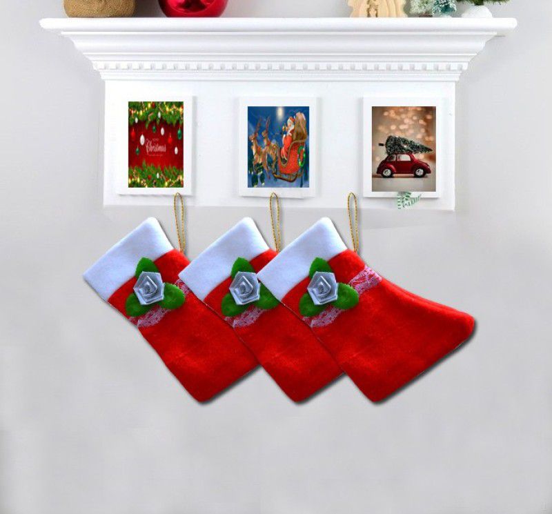 ME&YOU Hanging Christmas Socks in Red Christmas Stocking  (Pack of 3)