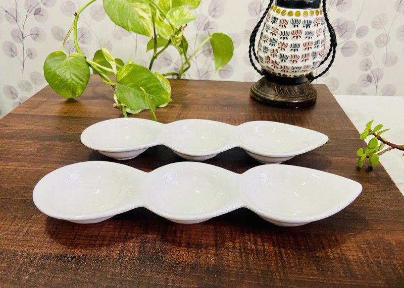HEART STEALER Porcelain Dip Sauce or Chutney Bowl or Tray or Platters of 3 Compartment Porcelain Decorative Platter  (White, Pack of 2)