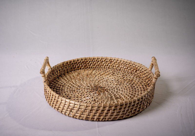 The Assam Admiration ROUND SHAPED CANE TRAY WITH HANDLE Bamboo Decorative Platter  (Beige)