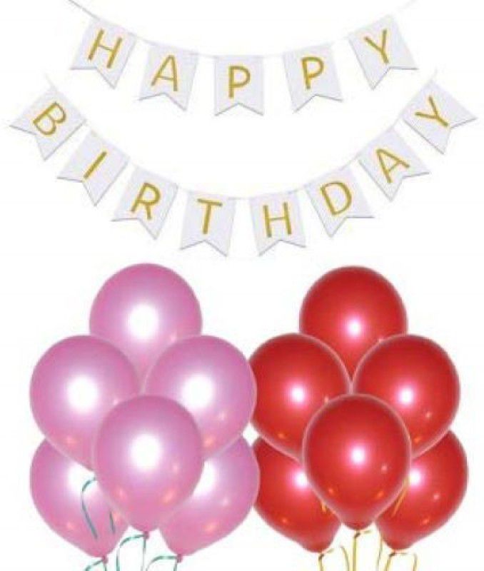 Ishant Creation Happy Birthday Banner ( White ) + 30 Metallic Balloon ( Red, Pink )