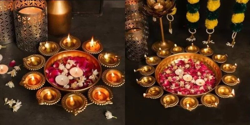 Diya Shape Flower Decorative Urli Bowl for Home Iron Decorative Platter  (Gold, Pack of 2)
