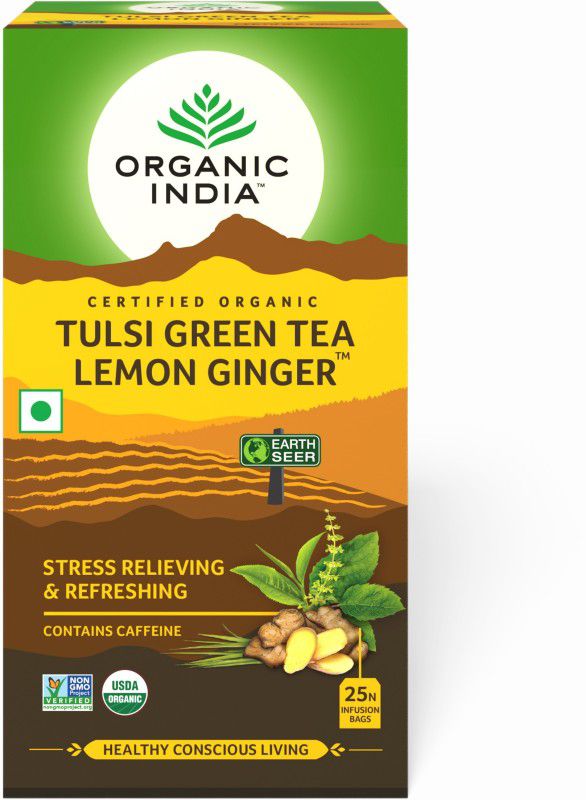 ORGANIC INDIA Lemon, Ginger and Tulsi Green Tea Bags Box  (25 Bags)