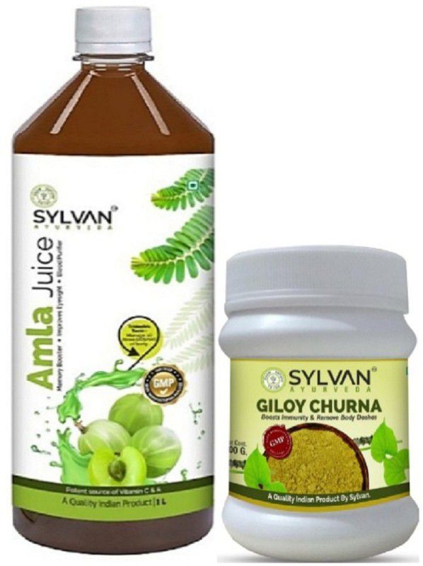 SYLVAN AYURVEDA AMLA JUICE FOR MEMORY BOOSTS AND IMPROVING EYESIGHT WITH GILOY CHURNA FOR BOOSTS IMMUNITY & REMOVE BODY DOSHAS | COMBO PACK  (2 x 500 ml)
