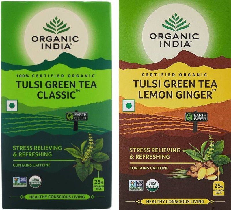 ORGANIC INDIA Tulsi Green Tea Classic 25 Tea Bag & Tulsi Green Tea Lemon Ginger Tea 25 Tea Bag Tulsi Tea Bags Box  (2 x 25 Bags)