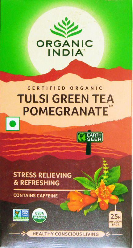 ORGANIC INDIA Pomeogranate and Tulsi Green Tea Bags Box  (25 Bags)