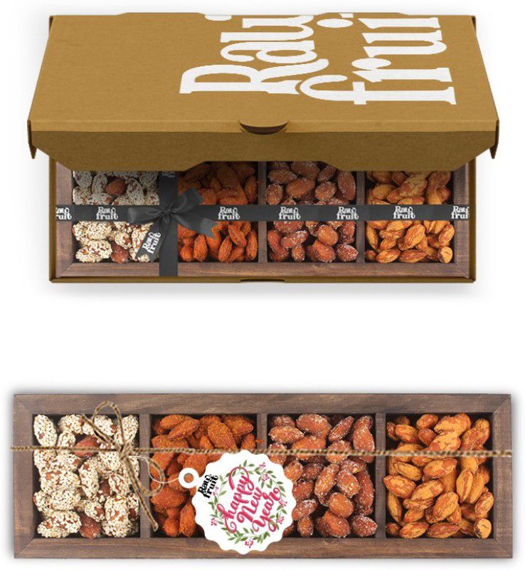 HyperFoods RawFruit Roasted Almond 4 Dry Fruit Combo Dark Wood Gift Box | Premium Dried Fruit Berries Combo Gift Pack with Greeting Card | Happy New Year Gift Hampers for Corporates Friends & Relatives  (750 g)
