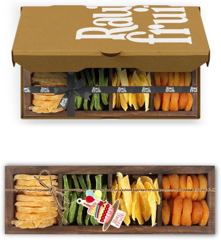 HyperFoods RawFruit Tropical 4 Dry Fruit Combo Dark Wood Gift Box | Premium Dried Fruit Berries Combo Gift Pack with Greeting Card | Happy Birthday Anniversary Gift for Colleague Wife Girlfriend Parents  (750 g)