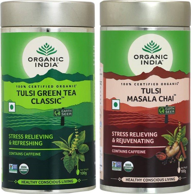 ORGANIC INDIA Tulsi Green Tea 100g & Tulsi Masala Chai 100g Tulsi Tea Tin  (2 x 100 g)