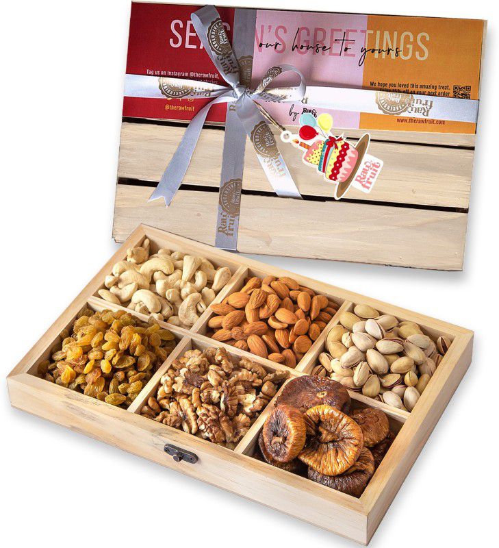 HyperFoods RawFruit Mix Dry Fruit Combo Pack | Basic Dry Fruit Gift Pack Light Wood Dry Fruit Tray | Happy Birthday Anniversary Gift for Colleague Wife Girlfriend Parents  (6 x 208.17 g)