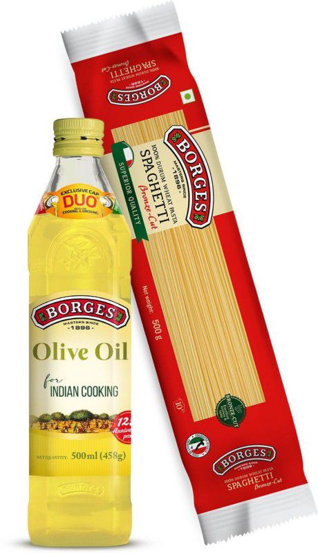 Borges Spaghetti Durum Wheat Pasta, 500gm & Extra Light Olive Oil, Healthy Cooking Olive Oil Glass Bottle  (500 ml)
