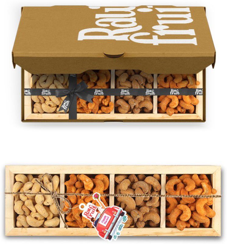 HyperFoods RawFruit Roasted Cashew 4 Dry Fruit Combo Wooden Gift Box | Premium Dried Fruit Berries Combo Gift Pack with Greeting Card | Wedding Shadi Marriage Newly Married Happily Gift Hampers for Him/Her  (750 g)