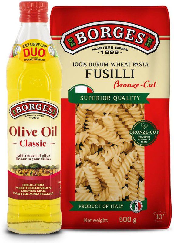 Borges Fusilli Durum Wheat Pasta, 500gm & Classic Olive Oil, Healthy Cooking Olive Oil Glass Bottle  (500 ml)