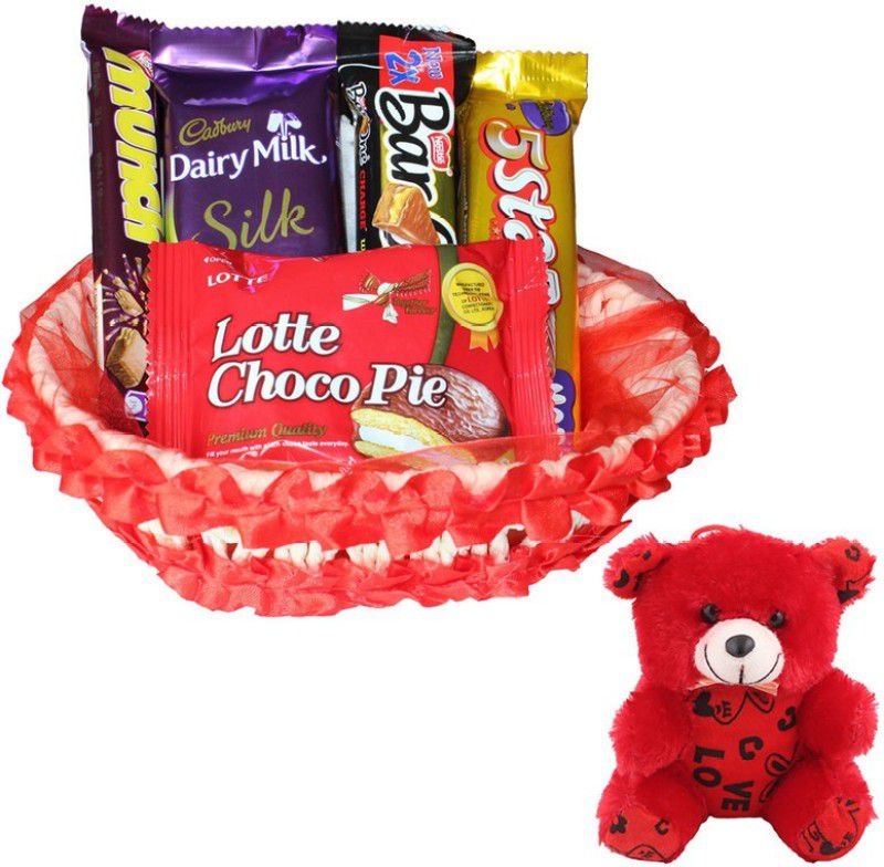 SurpriseForU Chocolate Gift | Valentine's Day Special Teddy Gift | Chocolate Gift Hamper|112 Combo  (Basket-Dairy Milk Silk -Munch -BarOne -5Star -Lotte Choco Pie Teddy)