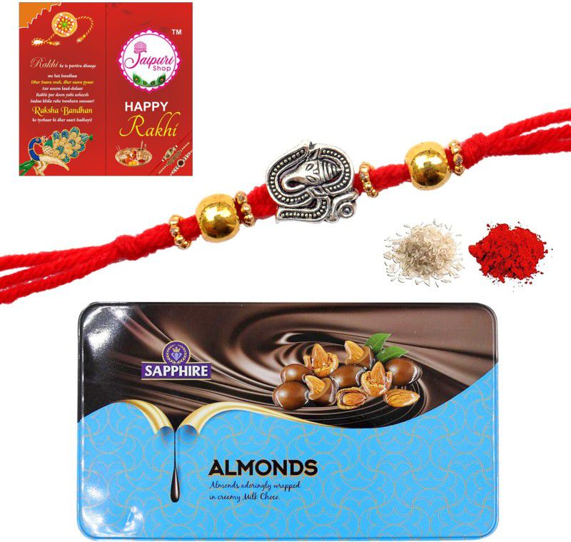 Jaipuri Shop Sapphire Chocolate Coated Almonds 175G 925 Sterling Silver Ganesh 1 Rakhi for Brother S-3sSLVRGaneshSAP175G Combo  (Sapphire Chocolate Coated Almonds 175G, Ganesh 1 Rakhi, 1 Set Roli Chawal, 1 Rakhi Greeting Card)
