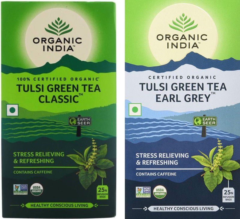 ORGANIC INDIA Tulsi Green Tea Classic 25 Tea Bag & Tulsi Earl Grey Tea 25 Tea Bags Tulsi Tea Bags Box  (2 x 25 Bags)