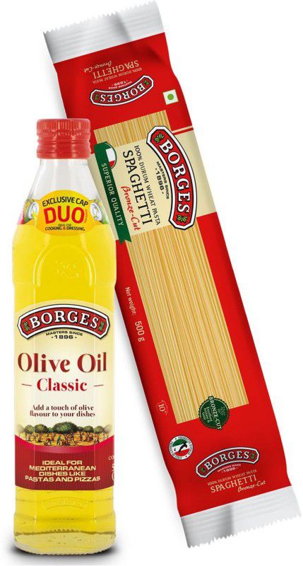 Borges Spaghetti Durum Wheat Pasta, 500gm & Classic Olive Oil, Healthy Cooking Olive Oil Glass Bottle  (500 ml)