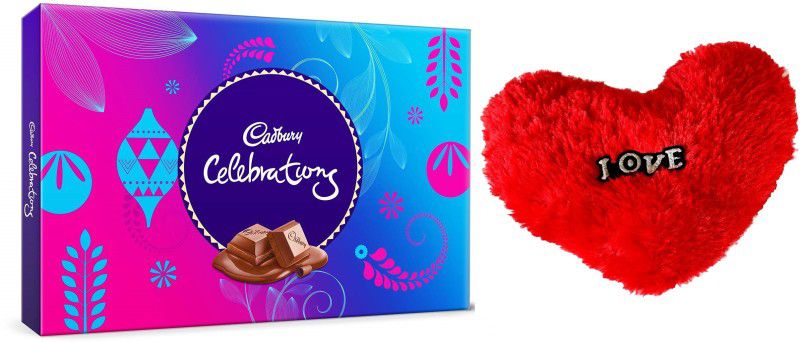 Cadbury Gift For Lovers | Celebrations Gift Pack Chocolate With Love Heart Cushion Combo  (Love Heart Red Cushion - 1, Cadbury Celebrations Gift Pack Chocolate - 1)