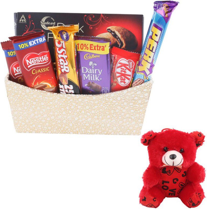 SurpriseForU Chocolate Gift | Valentine's Day Special Teddy Gift | Chocolate Gift Hamper|302 Combo  (Basket-Nestle Classic -5Star -Kitkat -Dark Fantasy -Perk -Dairy.Teddy)