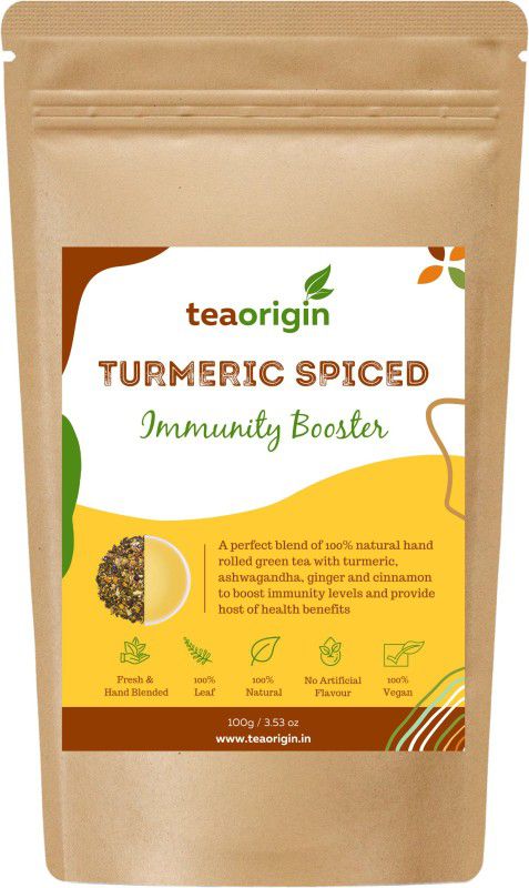 Tea Origin Turmeric Spiced Tea | 100% Natural Ingredients- Whole Leaf Green Tea Leaves, Turmeric, Ashwagandha | Enhanced Immunity & Metabolism | 100gm Serves 50+ Cups Turmeric Tea Blend Pouch  (100 g)