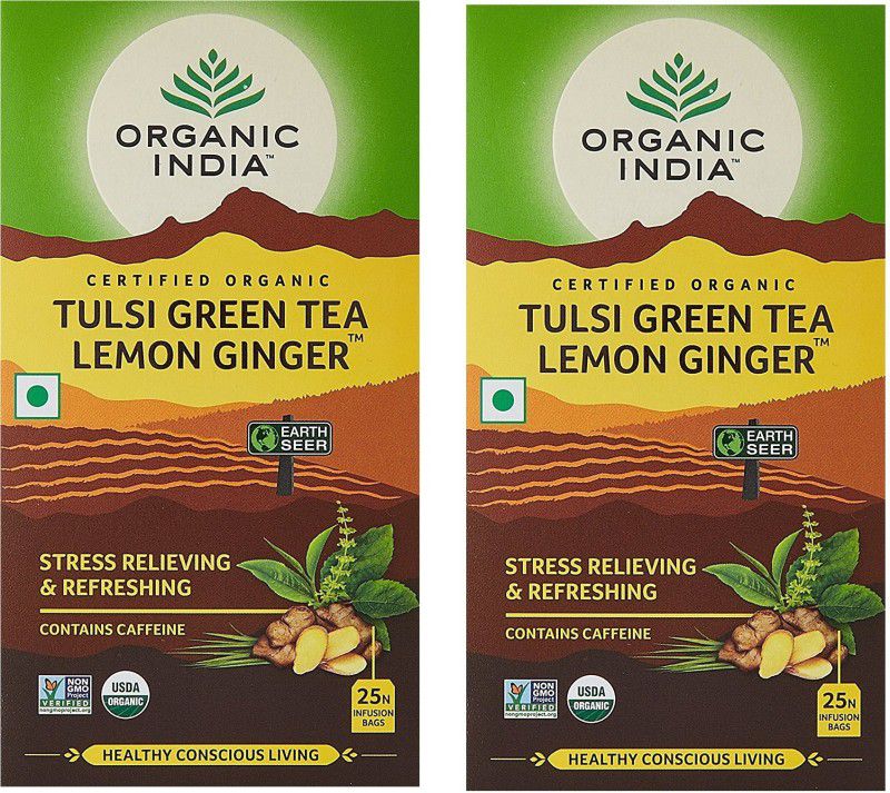 ORGANIC INDIA Tulsi Green Lemon, Ginger Tea Bags Box  (2 x 12.5 Bags)